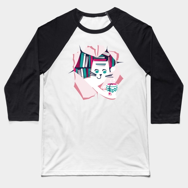 Bookish cat // white cat with tea mug teal white fuchsia and pastel pink books Baseball T-Shirt by SelmaCardoso